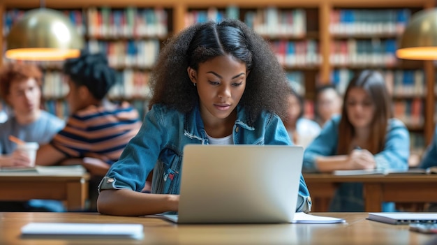 University Library Gifted Black Girl uses Laptop