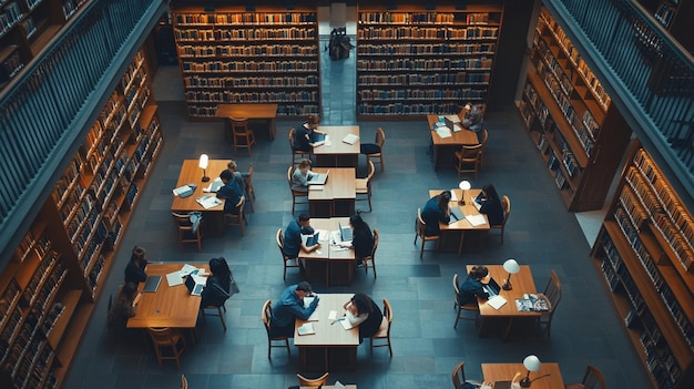 Photo university library study space with laptopequipped students