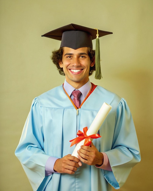 A university student beaming with joy holds their diploma in graduation attire