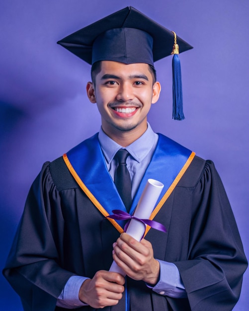 A university student beaming with joy holds their diploma in graduation attire