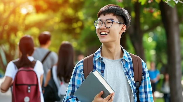 university student holding a book and beaming