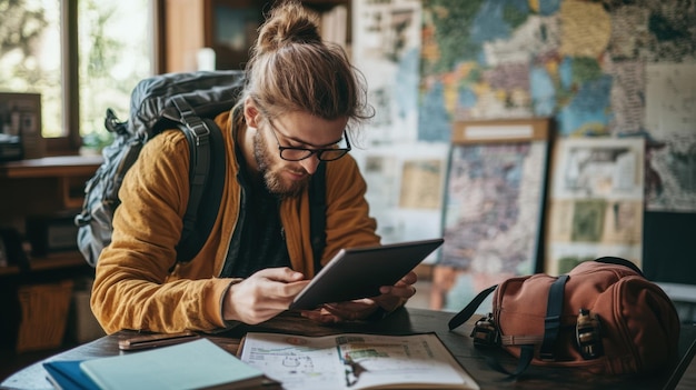 Photo university student reviewing their savings account on a tablet while