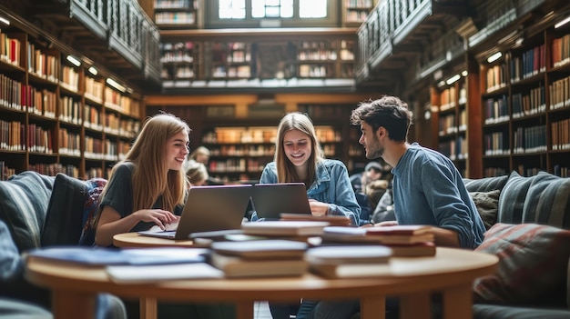 Photo university students sitting in a spacious library working together on a homework assignment surrounded by books and laptops showcasing academic dedication collaboration and the pursuit of