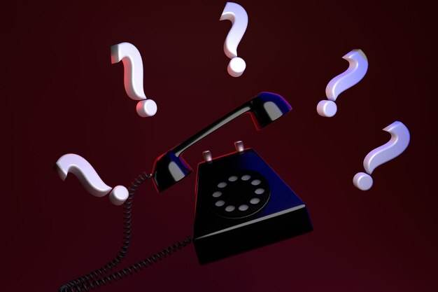 Unknown call concept Retro phone in black with question marks 3D render