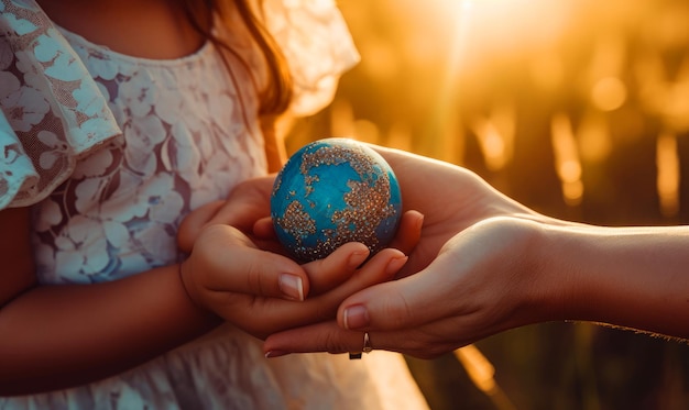 Unknown girl in white dress holding the earth model Female hands supporting the child's ones carefully Close up Blurred backdrop Generative AI