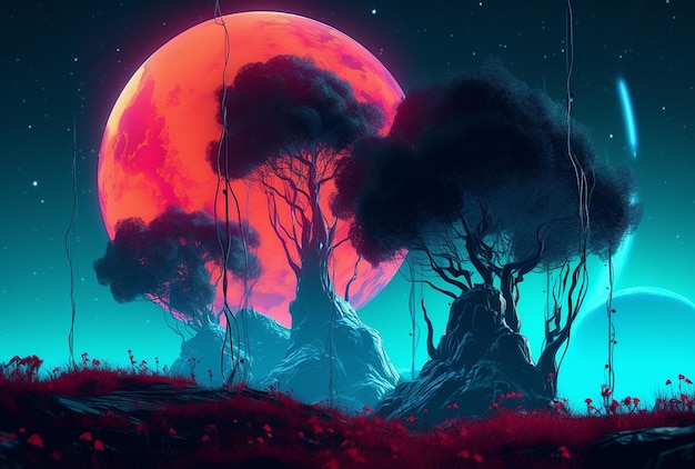 Unknown planet plants and trees with two moons in the sky AI Generated Image