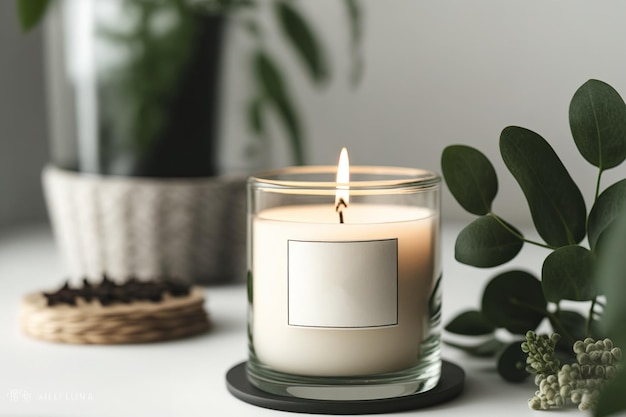 Unlabeled candle in glass container Indistinct green plant on white silk Handmade vegan soy wax candles text space mockup