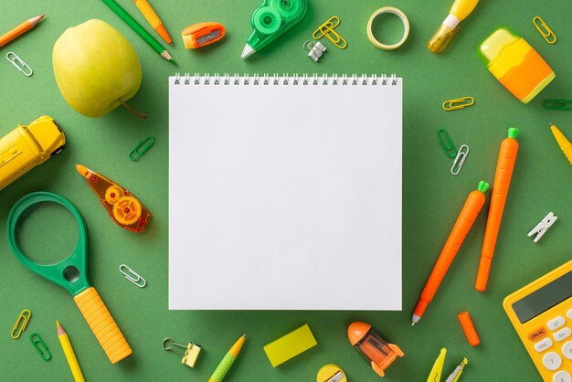 Photo unleash your creativity and learn discover top view array of amusing stationery like carrotshaped pens pencils album cute bus toy and more all on green board backdrop with space for ad placement