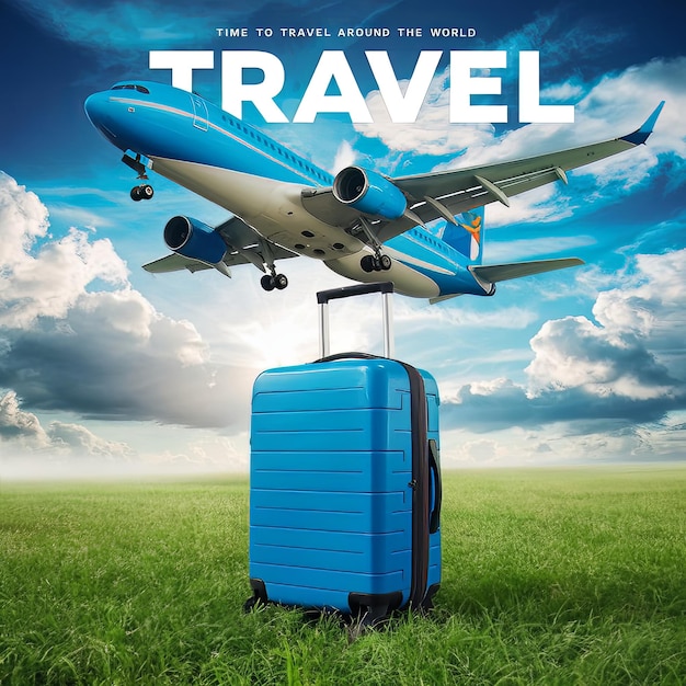 Unleash Your Wanderlust Stunning Travel Ad with Blue Suitcase and Plane