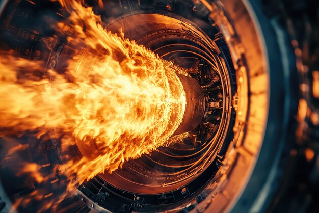 Photo unleashing power a captivating view inside a jet engine with fiery flames in motion and intricate mechanical details