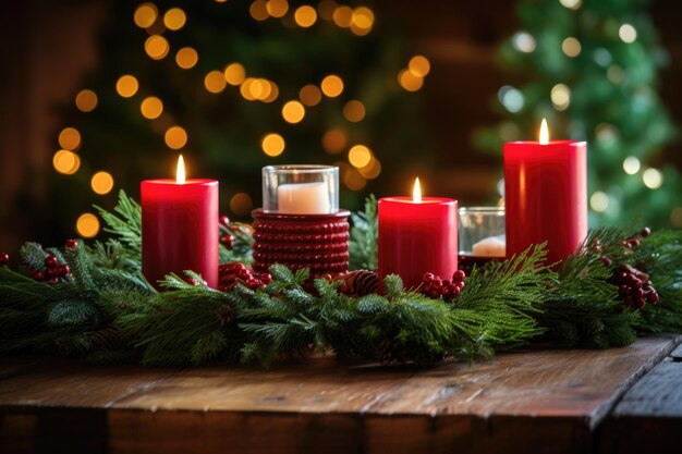 Unlit candles on a table with wreath of evergreens