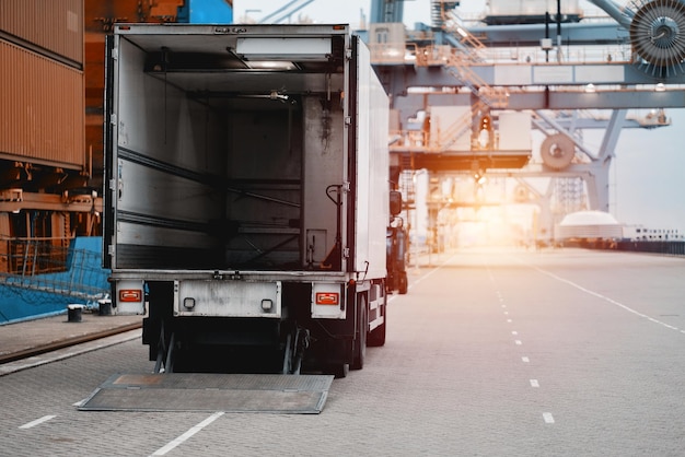 Unloading Of Cargo Truck In The Trade Port HeavyDuty Commercial Vehicle For Supply Delivery