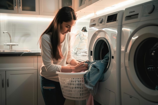 Unloading the Laundry Woman doing her laundry while at home in the Northeast of England She is taki