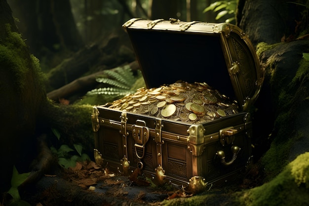 Photo unlocking hidden treasures box full of treasure in the middle of the foresttreasure i the middle of the forest