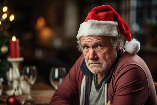 Unlucky Christmas holiday sad lonely middleaged man in a red hat sitting alone at home in xmas evening