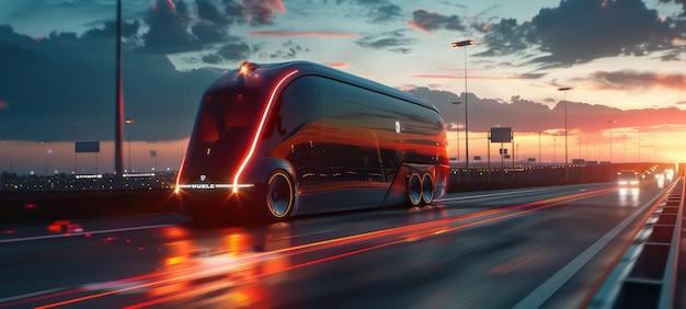 Unmanned autonomous cargo transportation An autonomous electric selfdriving truck moves along the road Fast cargo delivery transportation without drivers 3D render 3D illustration