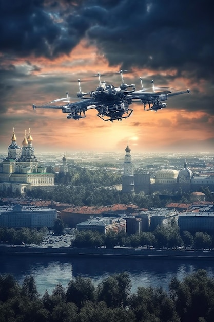 Unmanned military drone flies in the sky over Moscow generative ai