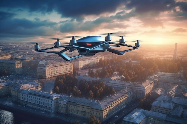 Unmanned military drone flies in the sky over Moscow generative ai