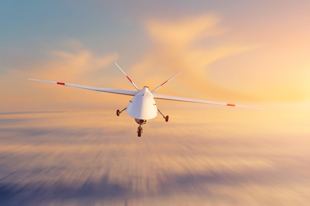 Unmanned military drone patrols high in the sky at sunset The view is straight ahead