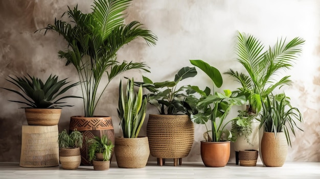 Unmistakable tropical plants in wicker pots close white divider at family Creative resource AI Generated