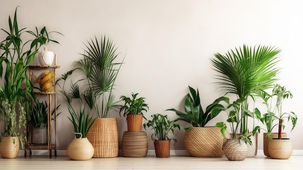 Unmistakable tropical plants in wicker pots close white divider at family Creative resource AI Generated