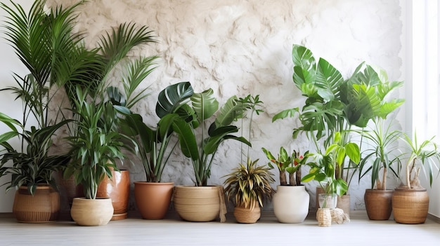 Unmistakable tropical plants in wicker pots near white divider at family Creative resource AI Generated