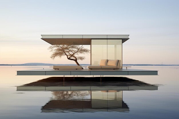 An unoccupied platform on a tranquil lakeshore with mirrorlike waters reflecting the surroundings