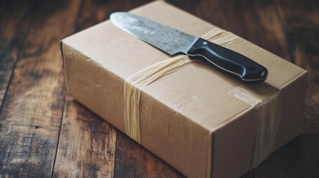 Photo unpacking scene with box and knife