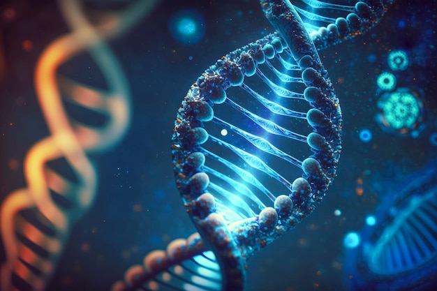 Unraveling the Mysteries of Life: A Blue DNA Strand Unveiled Against a Dark Background created with Generative AI technology