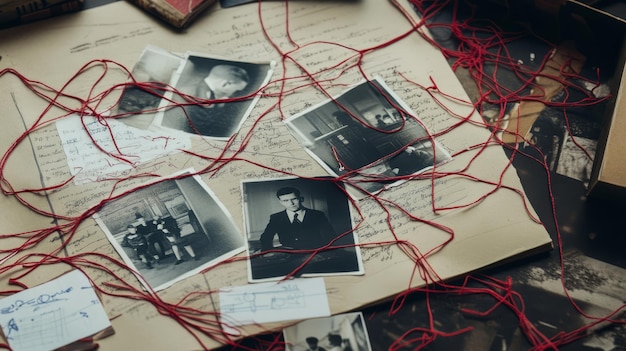 Photo unraveling the mystery detectives case file with photos notes and red string connections