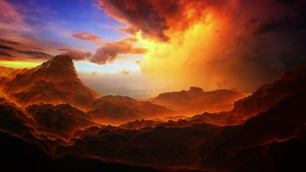 Unreal beautiful sunset over the mountains with a very beautiful sky d illustration