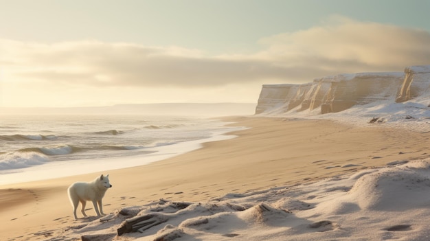 Unreal Engine Rendered White Dog On Sandy Beach By The Ocean