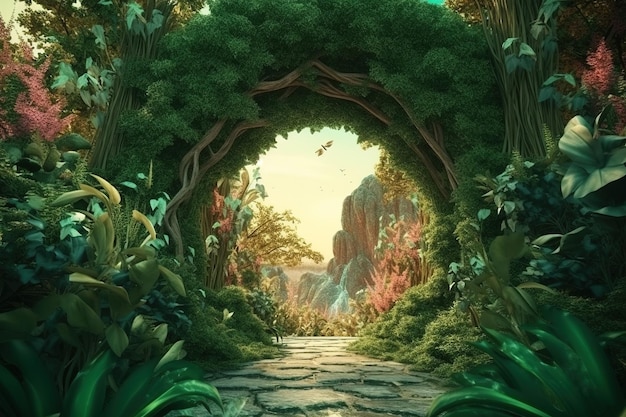 Unreal fantasy landscape with trees and flowers Garden of Eden exotic fairytale Generative AI