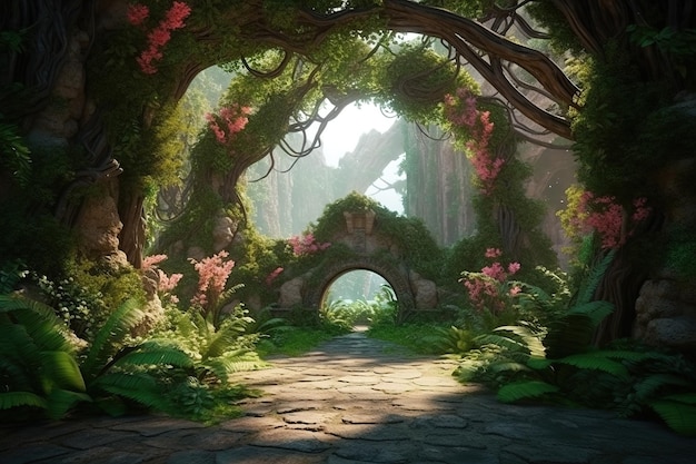 Unreal fantasy landscape with trees and flowers Garden of Eden exotic fairytale Generative AI