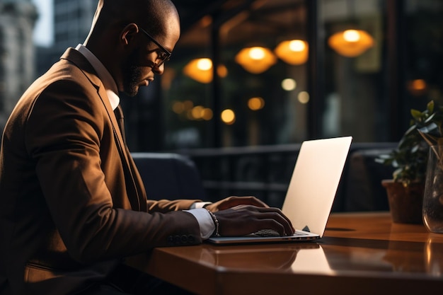 Unrecognizable african american manager working on laptop in office