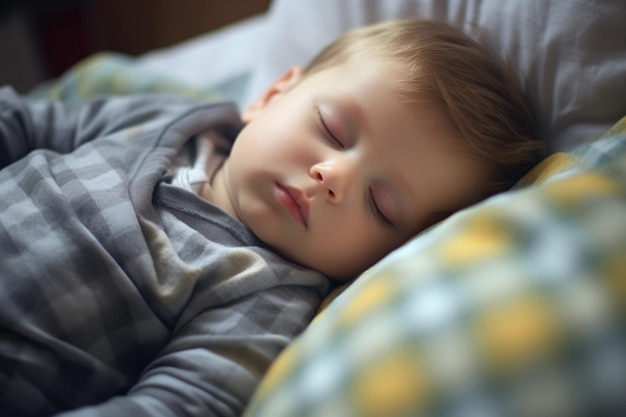 Unrecognizable baby boy lying on bed close up