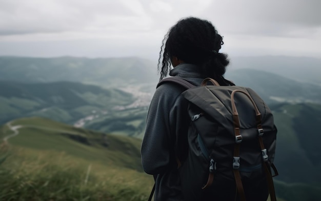 Unrecognizable black female traveler with backpack walking on top of hill in mountains rear view Hike travel active lifestyle tourism trip concept Generative AI