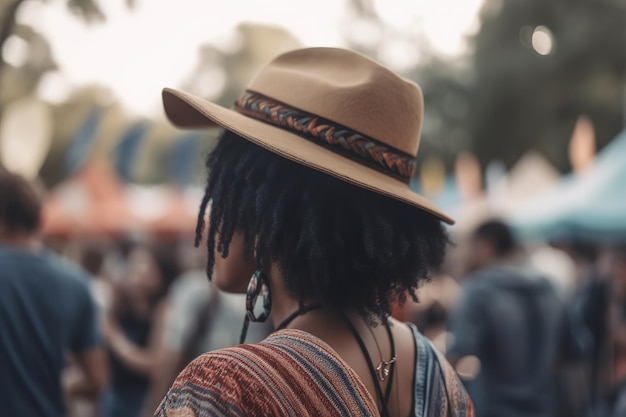 Unrecognizable black hipster woman in hat at an outdoor music festival Side view of an afro american young woman at a holiday event in the park Generative AI