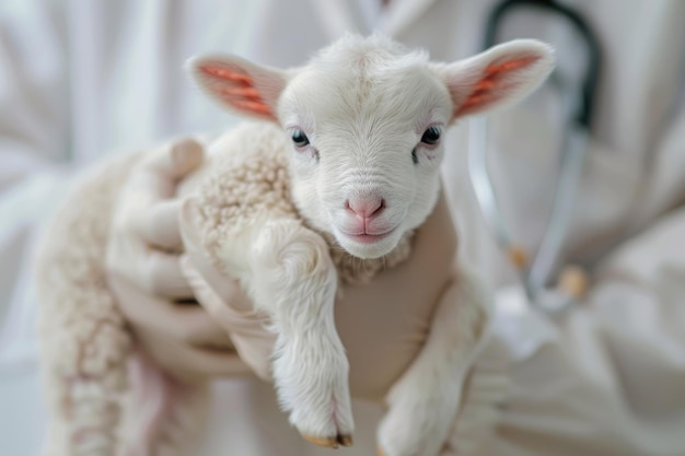 Photo an unrecognizable cattle veterinarian touching baby sheep lamb