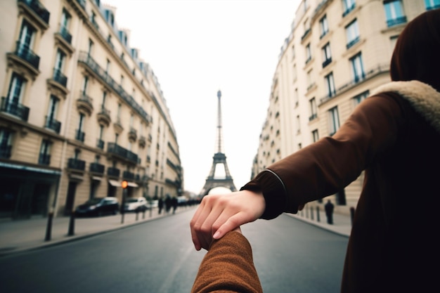 Unrecognizable couple exploring a new city hand in hand with iconic landmarks