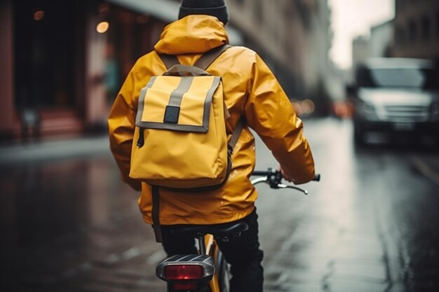 Unrecognizable Courier Delivering Food In Yellow Backpack Riding Bike Outside