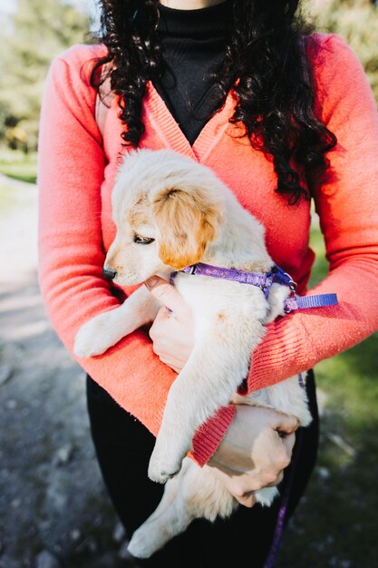 Unrecognizable curly brunette woman, embracing and holding with a golden retriever puppy in the park