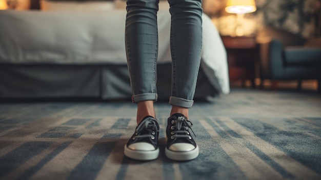 Unrecognizable entrepreneur taking off her high hells in hotel room