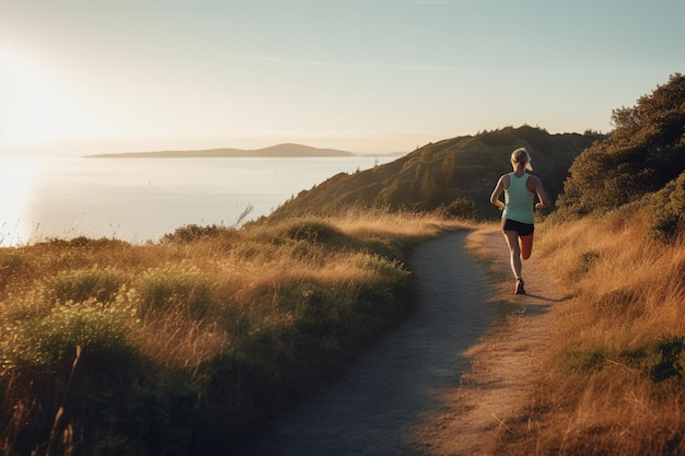 unrecognizable Fitness woman running training for marathon on sunny coast trail