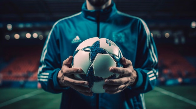 Unrecognizable football player in blue shirt holding soccer ball while standing on stadium Generative AI