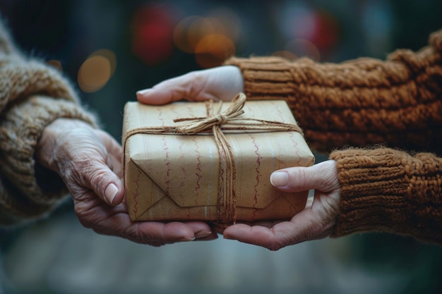 Photo unrecognizable hands holding a wrapped gift box with a bow for christma