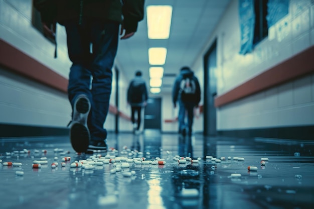 Unrecognizable high school students dealing drugs in shool corridor