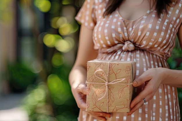 Unrecognizable latin pregnant woman holding gift outdoors Mothers day concept Generative AI