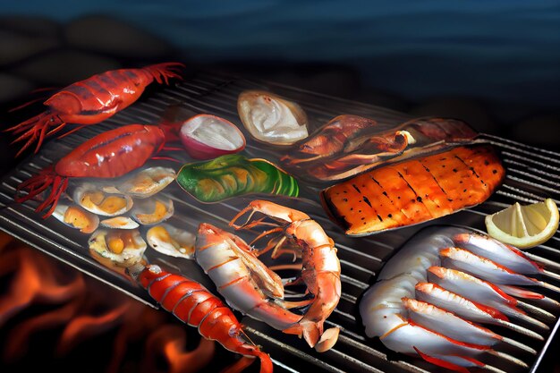 Unrecognizable man cooking seafood on a barbecue grill Generative Ai