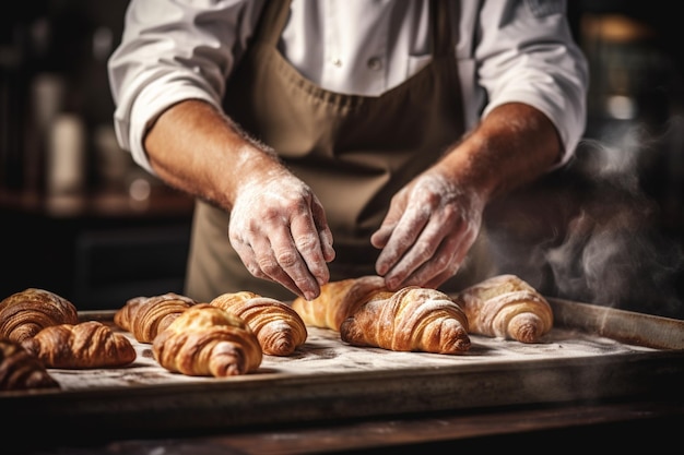 Unrecognizable man hands prepare dough for croissant sweet dessert